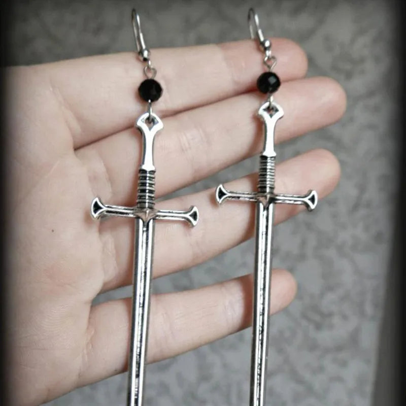 Golden Colour Goth Swords Earrings Long Gothic Medieval Tarot Viking Alternative Statement Women Men Gift Mystical Jewellery