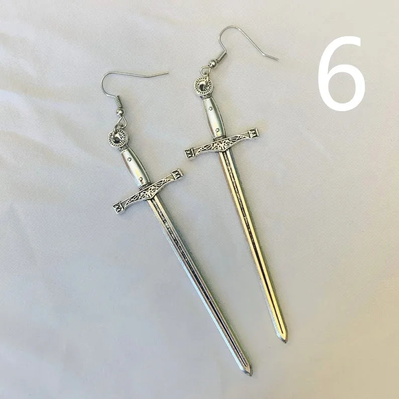 Golden Colour Goth Swords Earrings Long Gothic Medieval Tarot Viking Alternative Statement Women Men Gift Mystical Jewellery