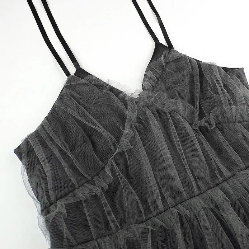 AltGoth Dark Gothic Elegant Dress Women Emo Alt Vintage Mesh Patchwork Lace Up High Waist Dress Y2k Harajuku Mall Goth Partywear
