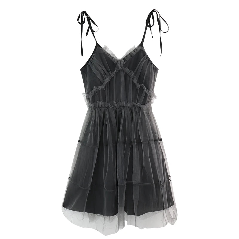 AltGoth Dark Gothic Elegant Dress Women Emo Alt Vintage Mesh Patchwork Lace Up High Waist Dress Y2k Harajuku Mall Goth Partywear