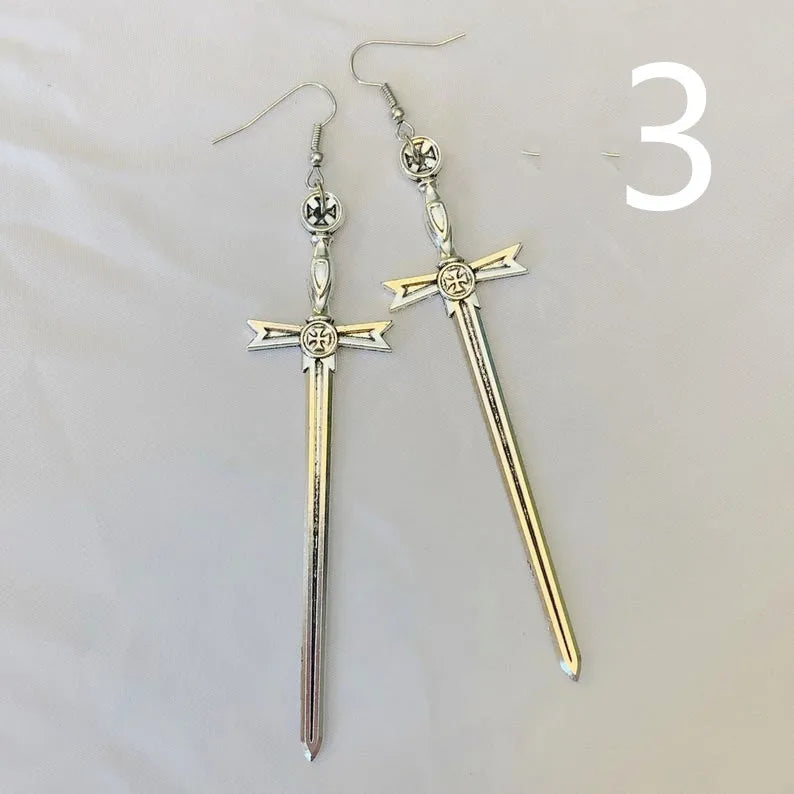 Golden Colour Goth Swords Earrings Long Gothic Medieval Tarot Viking Alternative Statement Women Men Gift Mystical Jewellery
