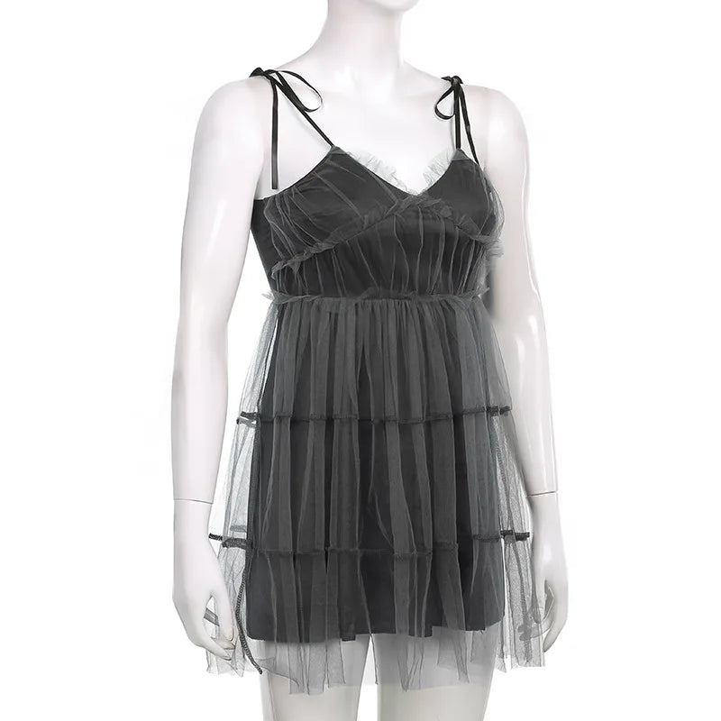 AltGoth Dark Gothic Elegant Dress Women Emo Alt Vintage Mesh Patchwork Lace Up High Waist Dress Y2k Harajuku Mall Goth Partywear