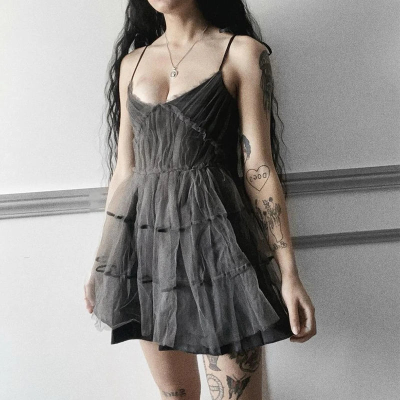 AltGoth Dark Gothic Elegant Dress Women Emo Alt Vintage Mesh Patchwork Lace Up High Waist Dress Y2k Harajuku Mall Goth Partywear