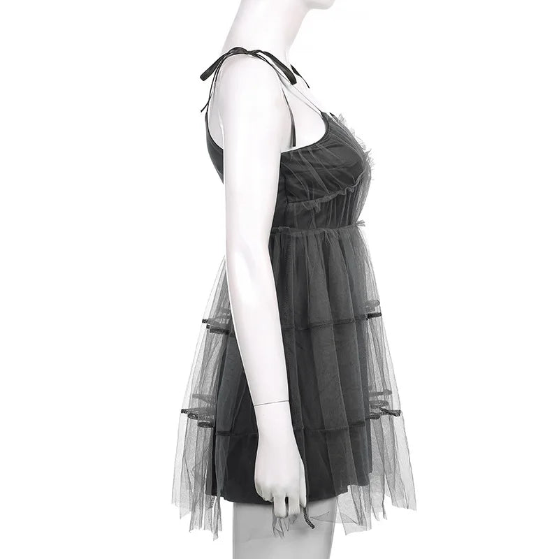 AltGoth Dark Gothic Elegant Dress Women Emo Alt Vintage Mesh Patchwork Lace Up High Waist Dress Y2k Harajuku Mall Goth Partywear