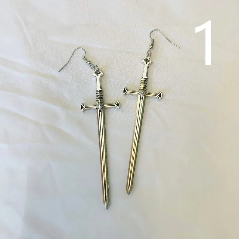 Golden Colour Goth Swords Earrings Long Gothic Medieval Tarot Viking Alternative Statement Women Men Gift Mystical Jewellery