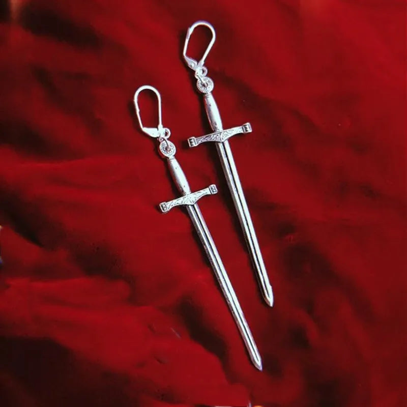 Golden Colour Goth Swords Earrings Long Gothic Medieval Tarot Viking Alternative Statement Women Men Gift Mystical Jewellery