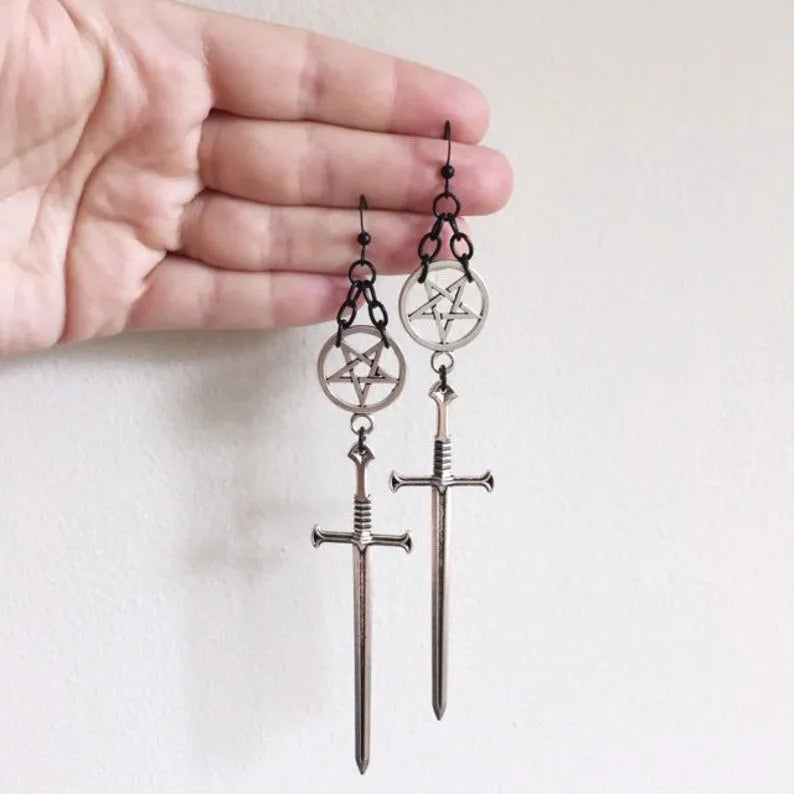 Golden Colour Goth Swords Earrings Long Gothic Medieval Tarot Viking Alternative Statement Women Men Gift Mystical Jewellery