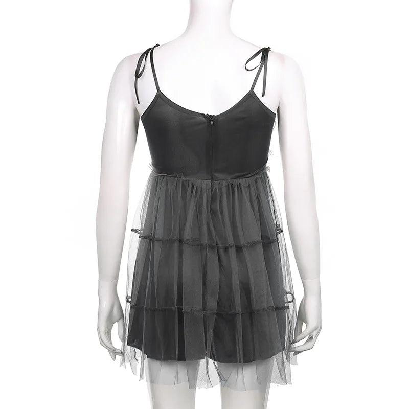 AltGoth Dark Gothic Elegant Dress Women Emo Alt Vintage Mesh Patchwork Lace Up High Waist Dress Y2k Harajuku Mall Goth Partywear