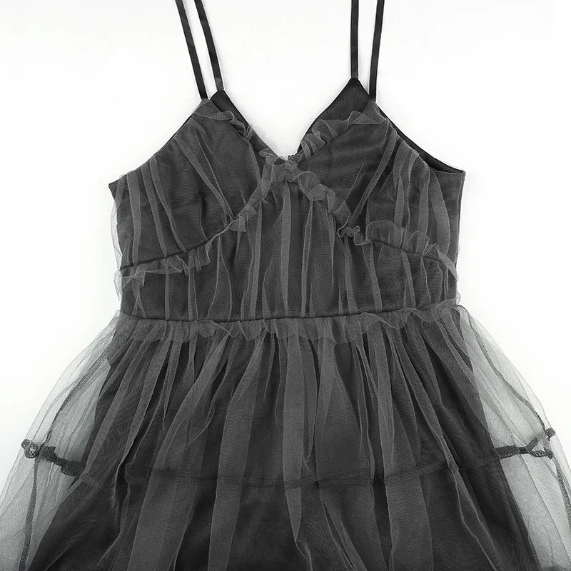 AltGoth Dark Gothic Elegant Dress Women Emo Alt Vintage Mesh Patchwork Lace Up High Waist Dress Y2k Harajuku Mall Goth Partywear