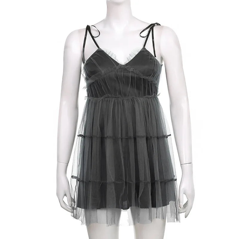 AltGoth Dark Gothic Elegant Dress Women Emo Alt Vintage Mesh Patchwork Lace Up High Waist Dress Y2k Harajuku Mall Goth Partywear
