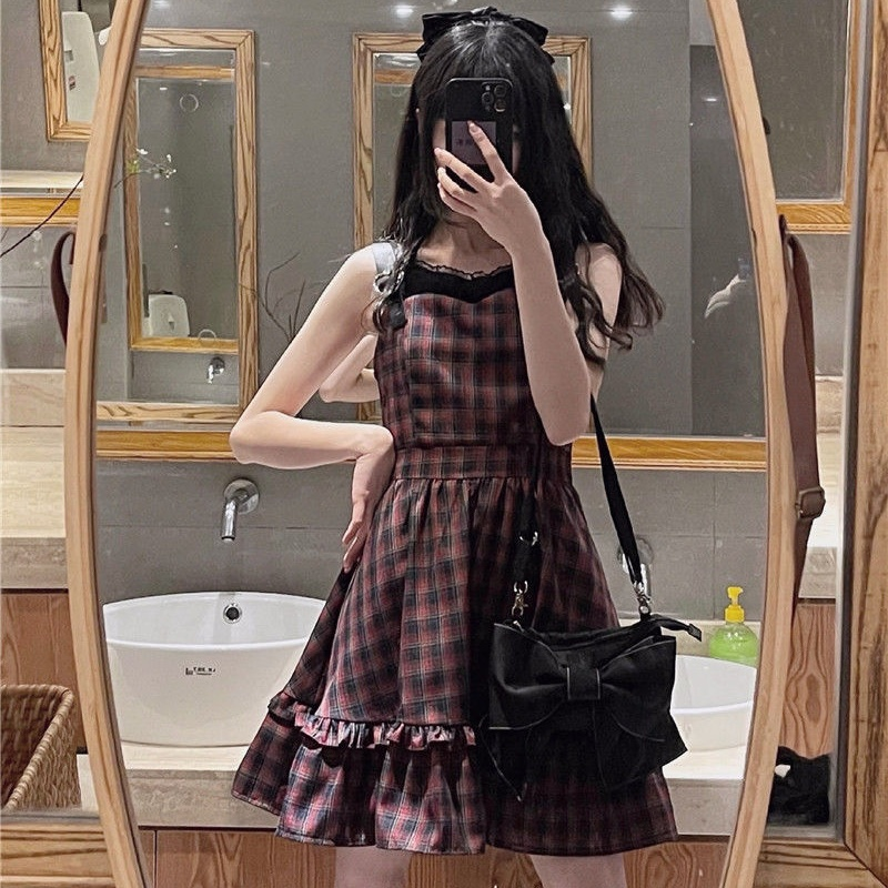 KOSAHIKI Plaid Dress Sets Women Outfits Black Lace Up Long Sleeve Cardigan Teen Girls Ruffles Sweet High Waist Sleeveless Dresse