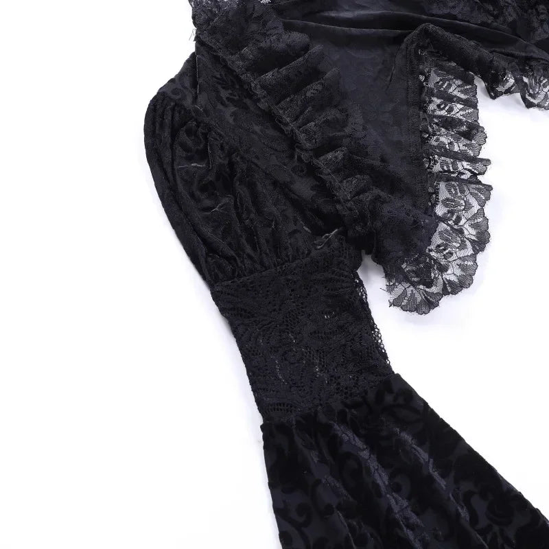 Goth Dark Elegant Evening Velvet Cheongsam Dresses Mall Gothic Lace Flare Sleeve Crop Tops Grunge Split Cut Out Partywear Dress