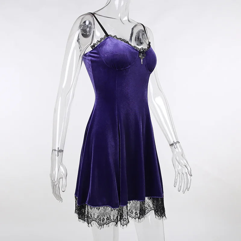 Goth Cross Sexy Purple Dress Vintage Velvet A Line Lolita Dress Aesthetic Gothic High Waist Ladies Club Party Dresses