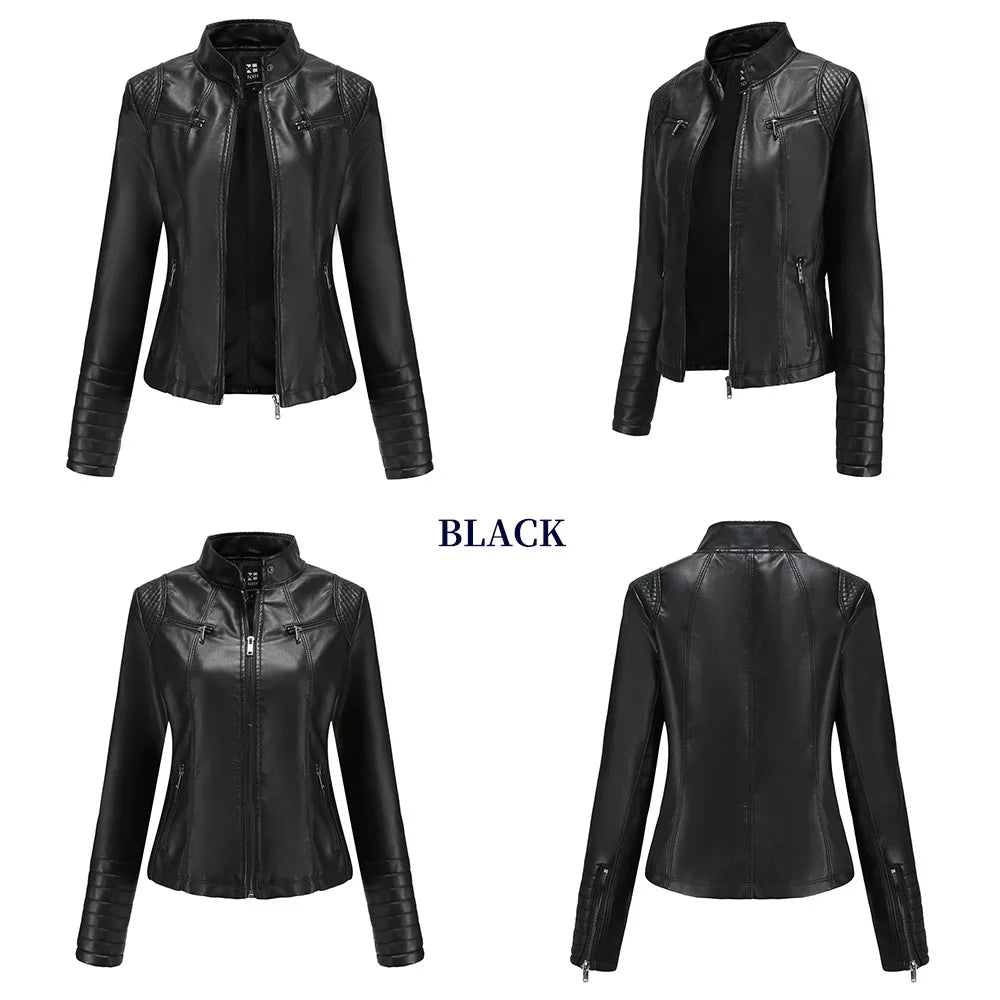 Faux Leather Motorcycle Jacket for Women, Female Coat, Moto Biker, Purple, Black,  Autumn, Spring, Fashion