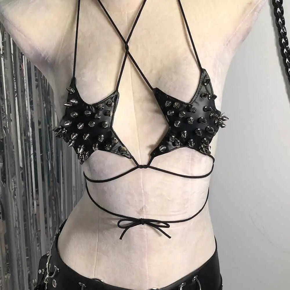 Goth Top Y2K Clothes Women's Tanks Emo Clothing Gothic Crop Tops with Spikes Punk Rock Teens ALT Rave Festival Bra Grunge Vkei