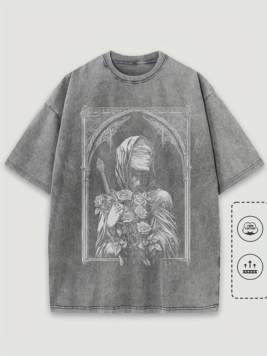 Gothic Architecture Print Washed 100% Cotton Trendy Unisex T-shirt, Summer Outdoor Casual Fashion Loose Street Short Sleeve