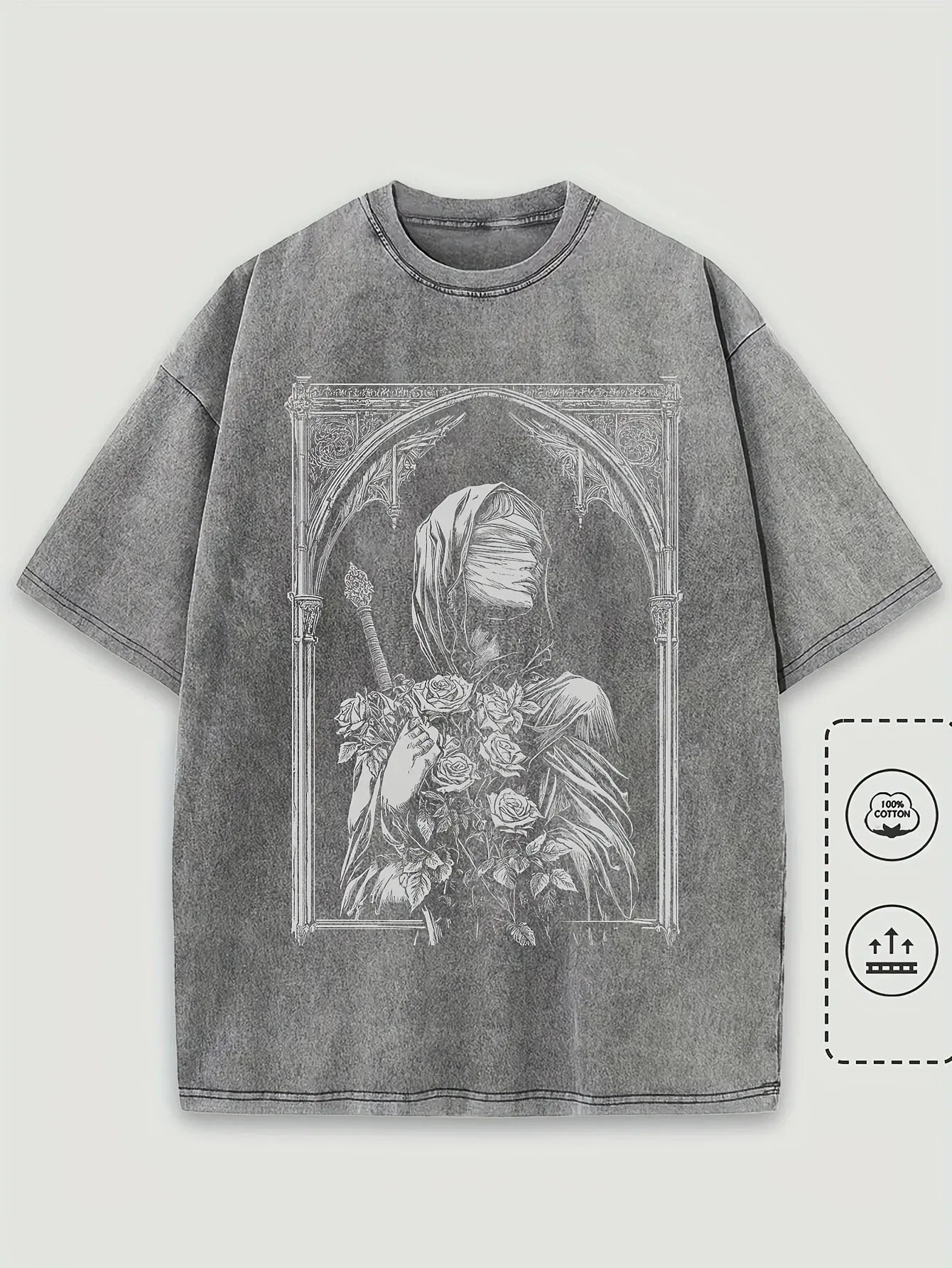Gothic Architecture Print Washed 100% Cotton Trendy Unisex T-shirt, Summer Outdoor Casual Fashion Loose Street Short Sleeve