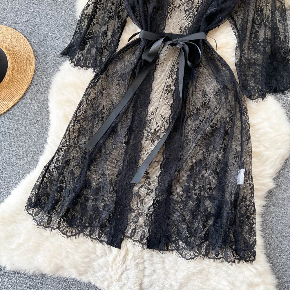 SINGREINY Mesh Lace Sxy Cardigan Pajamas Women Thin V Neck Transparent Black Lace-Up Design Fashion Loose Long Shawl Cardigan