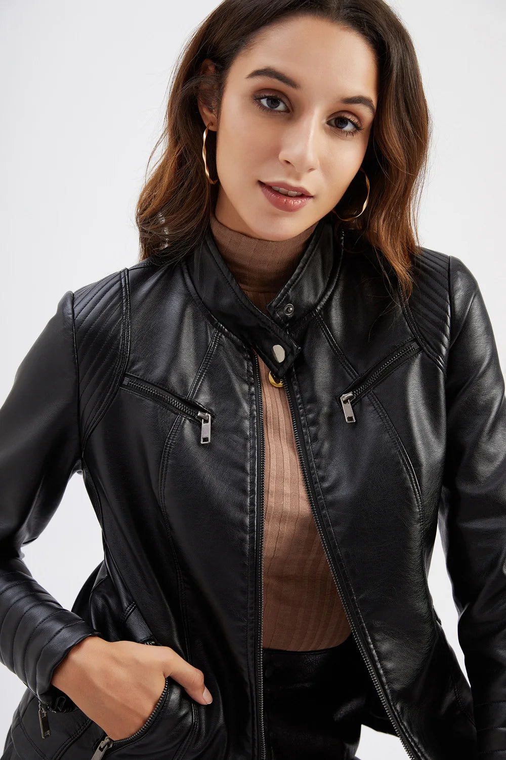 Faux Leather Motorcycle Jacket for Women, Female Coat, Moto Biker, Purple, Black,  Autumn, Spring, Fashion