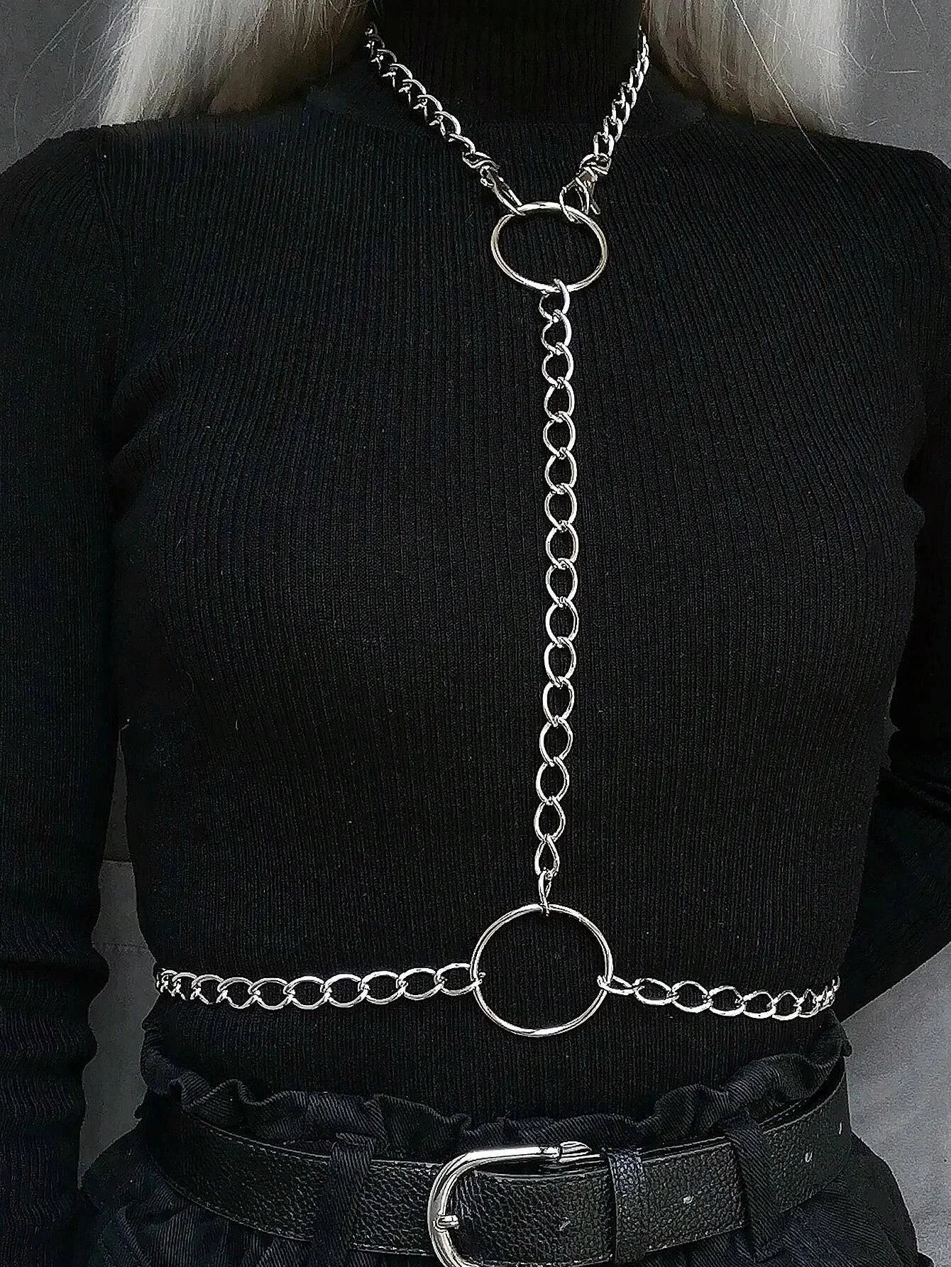 Goth Adjustable Chest Body Link Necklace With O-ring - Punk Rock Style Nice For Daily And Party Wear