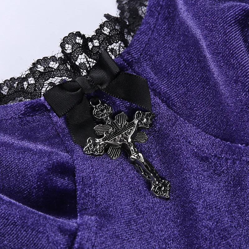 Goth Cross Sexy Purple Dress Vintage Velvet A Line Lolita Dress Aesthetic Gothic High Waist Ladies Club Party Dresses