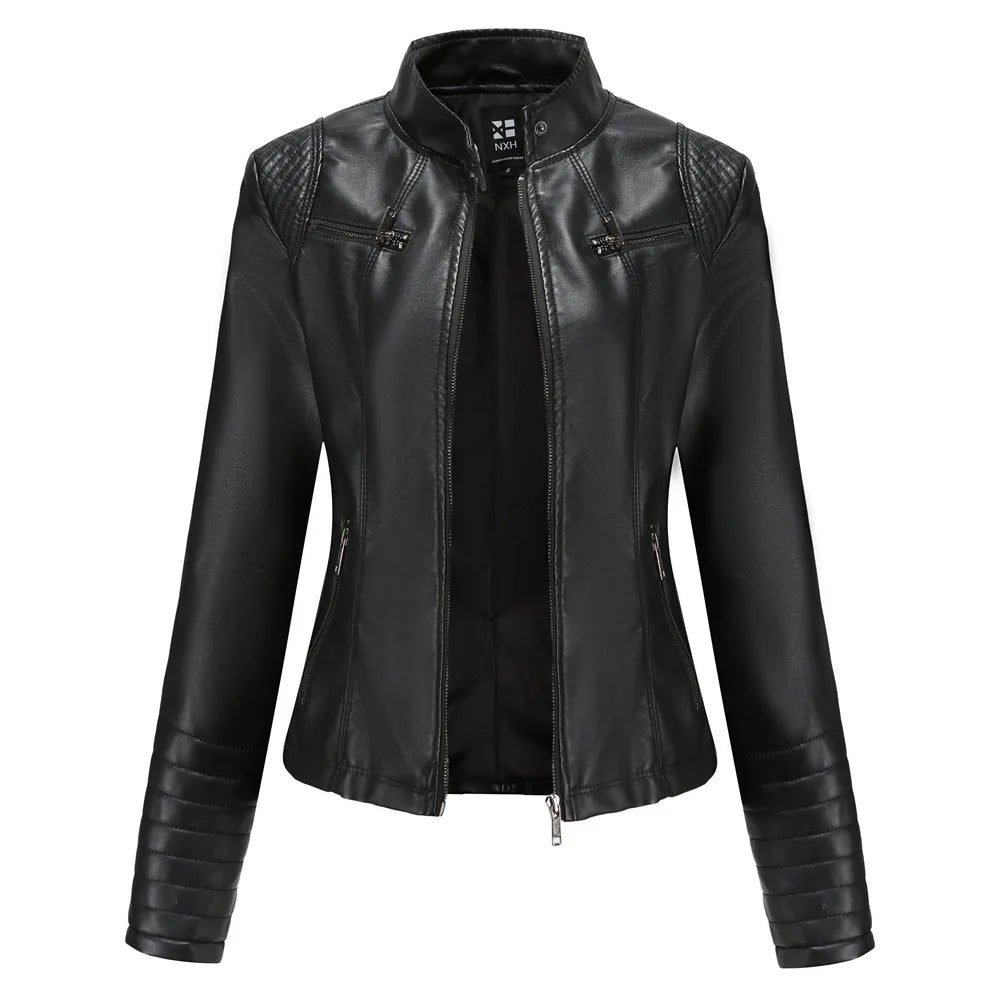 Faux Leather Motorcycle Jacket for Women, Female Coat, Moto Biker, Purple, Black,  Autumn, Spring, Fashion