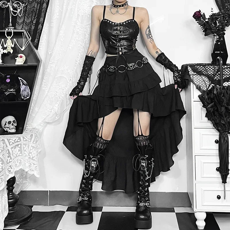 Goth Dark Kawaii Black Tiered Skirts 90S Retro Irregular Hem Party Bottoms Mall Gothic Women Fashion Dragging Skirt Alt Clothing
