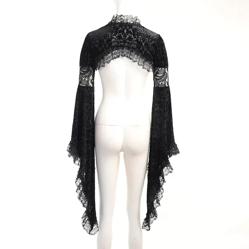 Goth Dark Elegant Evening Velvet Cheongsam Dresses Mall Gothic Lace Flare Sleeve Crop Tops Grunge Split Cut Out Partywear Dress