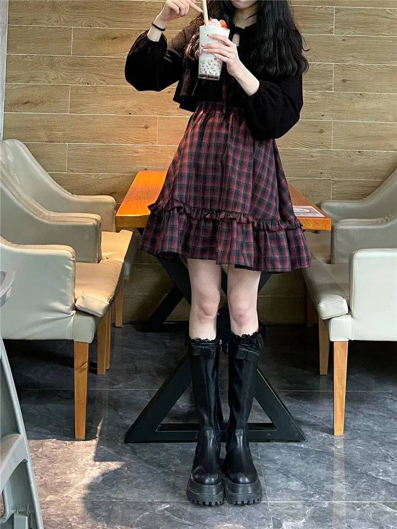 KOSAHIKI Plaid Dress Sets Women Outfits Black Lace Up Long Sleeve Cardigan Teen Girls Ruffles Sweet High Waist Sleeveless Dresse