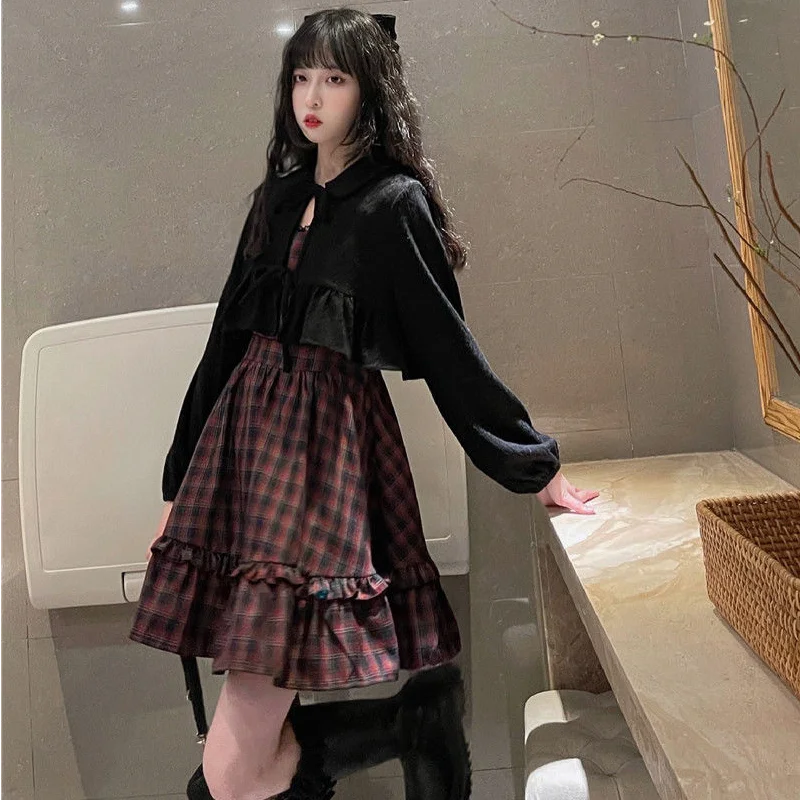 KOSAHIKI Plaid Dress Sets Women Outfits Black Lace Up Long Sleeve Cardigan Teen Girls Ruffles Sweet High Waist Sleeveless Dresse