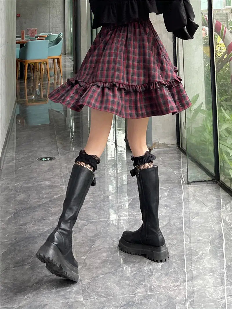 KOSAHIKI Plaid Dress Sets Women Outfits Black Lace Up Long Sleeve Cardigan Teen Girls Ruffles Sweet High Waist Sleeveless Dresse