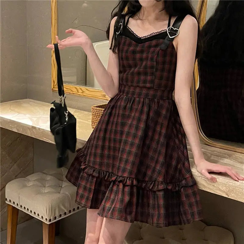 KOSAHIKI Plaid Dress Sets Women Outfits Black Lace Up Long Sleeve Cardigan Teen Girls Ruffles Sweet High Waist Sleeveless Dresse