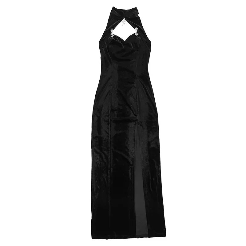 Goth Dark Elegant Evening Velvet Cheongsam Dresses Mall Gothic Lace Flare Sleeve Crop Tops Grunge Split Cut Out Partywear Dress