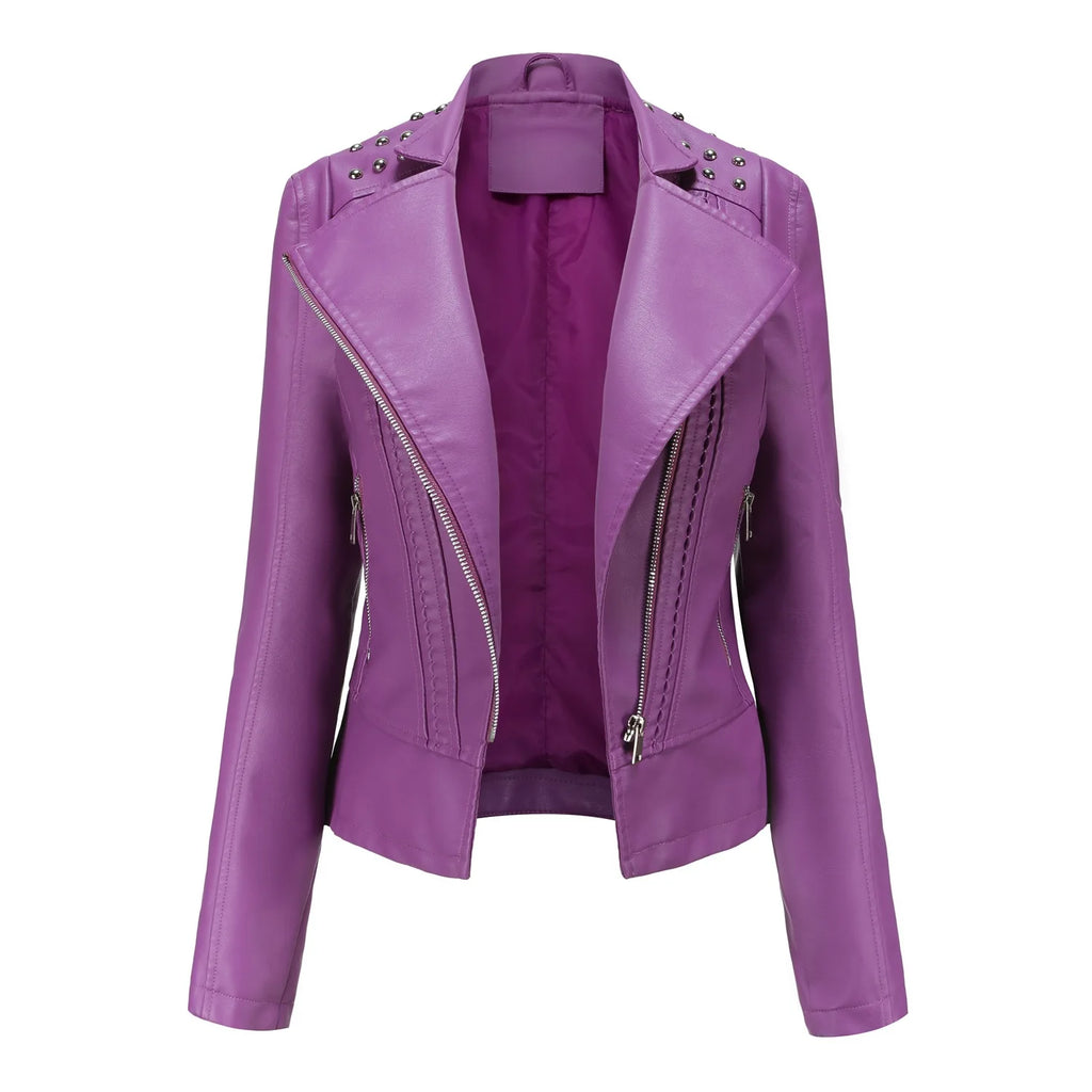 Faux Leather Motorcycle Jacket for Women, Female Coat, Moto Biker, Purple, Black,  Autumn, Spring, Fashion