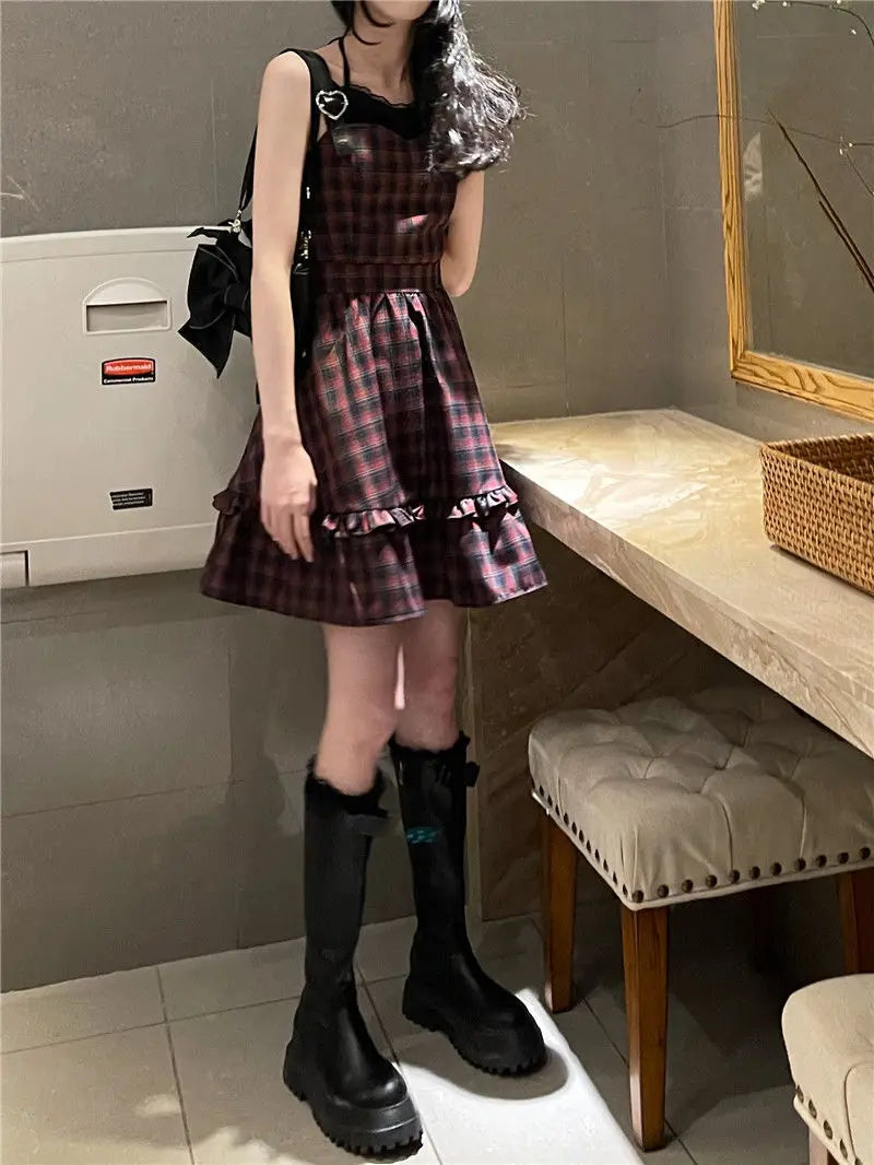 KOSAHIKI Plaid Dress Sets Women Outfits Black Lace Up Long Sleeve Cardigan Teen Girls Ruffles Sweet High Waist Sleeveless Dresse