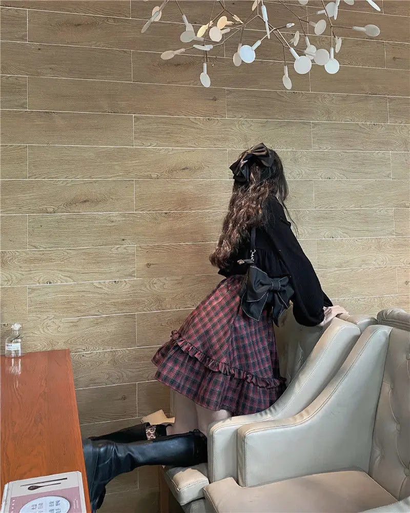 KOSAHIKI Plaid Dress Sets Women Outfits Black Lace Up Long Sleeve Cardigan Teen Girls Ruffles Sweet High Waist Sleeveless Dresse