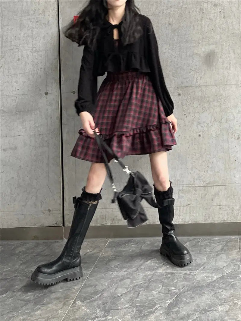 KOSAHIKI Plaid Dress Sets Women Outfits Black Lace Up Long Sleeve Cardigan Teen Girls Ruffles Sweet High Waist Sleeveless Dresse