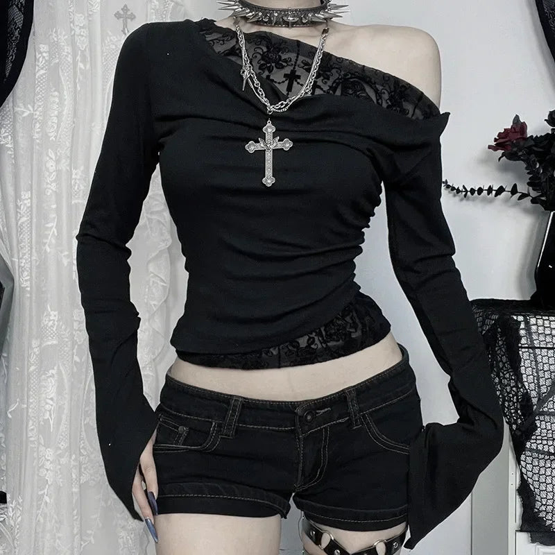 Goth Long Sleeve Oblique Shoulder Tops Fashion Autumn Elegant Flocking Mesh Patchwork T-shirts Mall Goth Techwear Alt Cloth