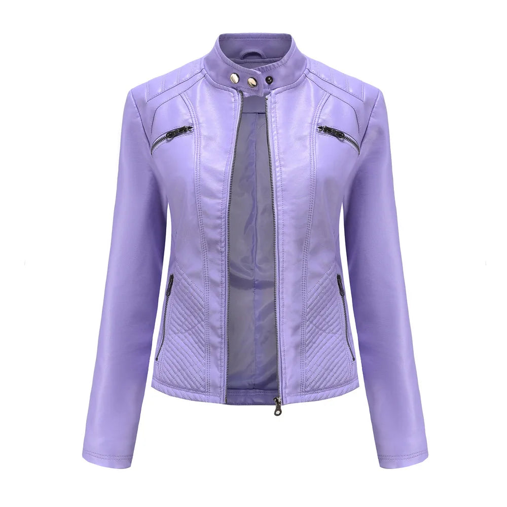 Faux Leather Motorcycle Jacket for Women, Female Coat, Moto Biker, Purple, Black,  Autumn, Spring, Fashion