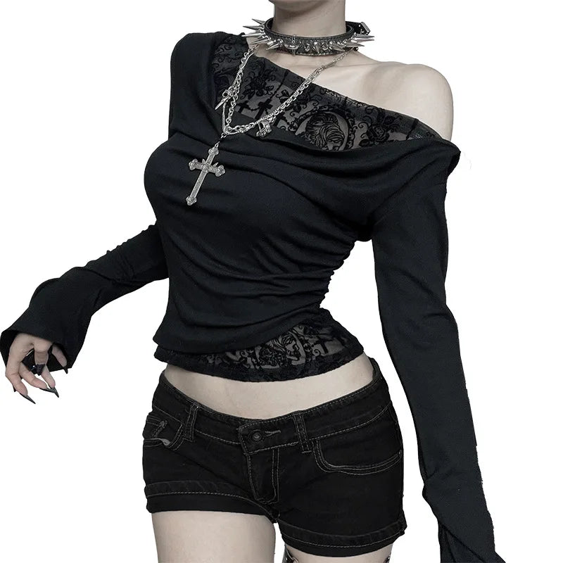 Goth Long Sleeve Oblique Shoulder Tops Fashion Autumn Elegant Flocking Mesh Patchwork T-shirts Mall Goth Techwear Alt Cloth