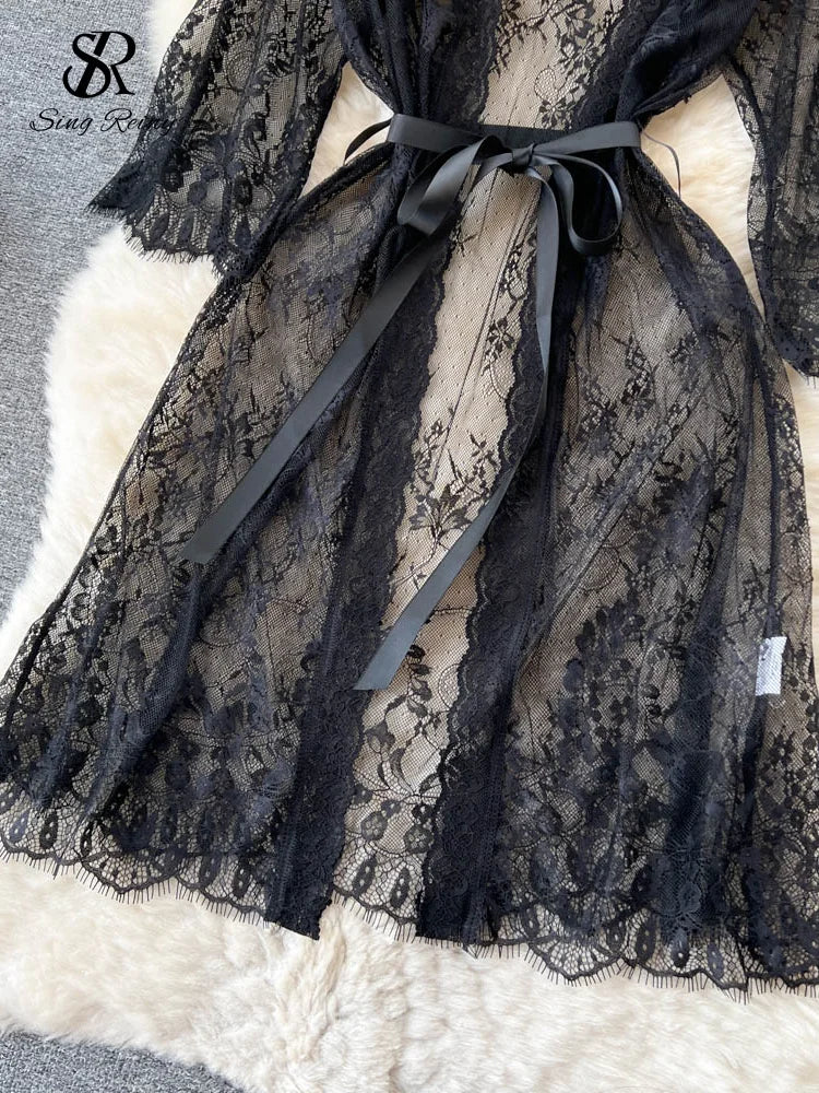 SINGREINY Mesh Lace Sxy Cardigan Pajamas Women Thin V Neck Transparent Black Lace-Up Design Fashion Loose Long Shawl Cardigan