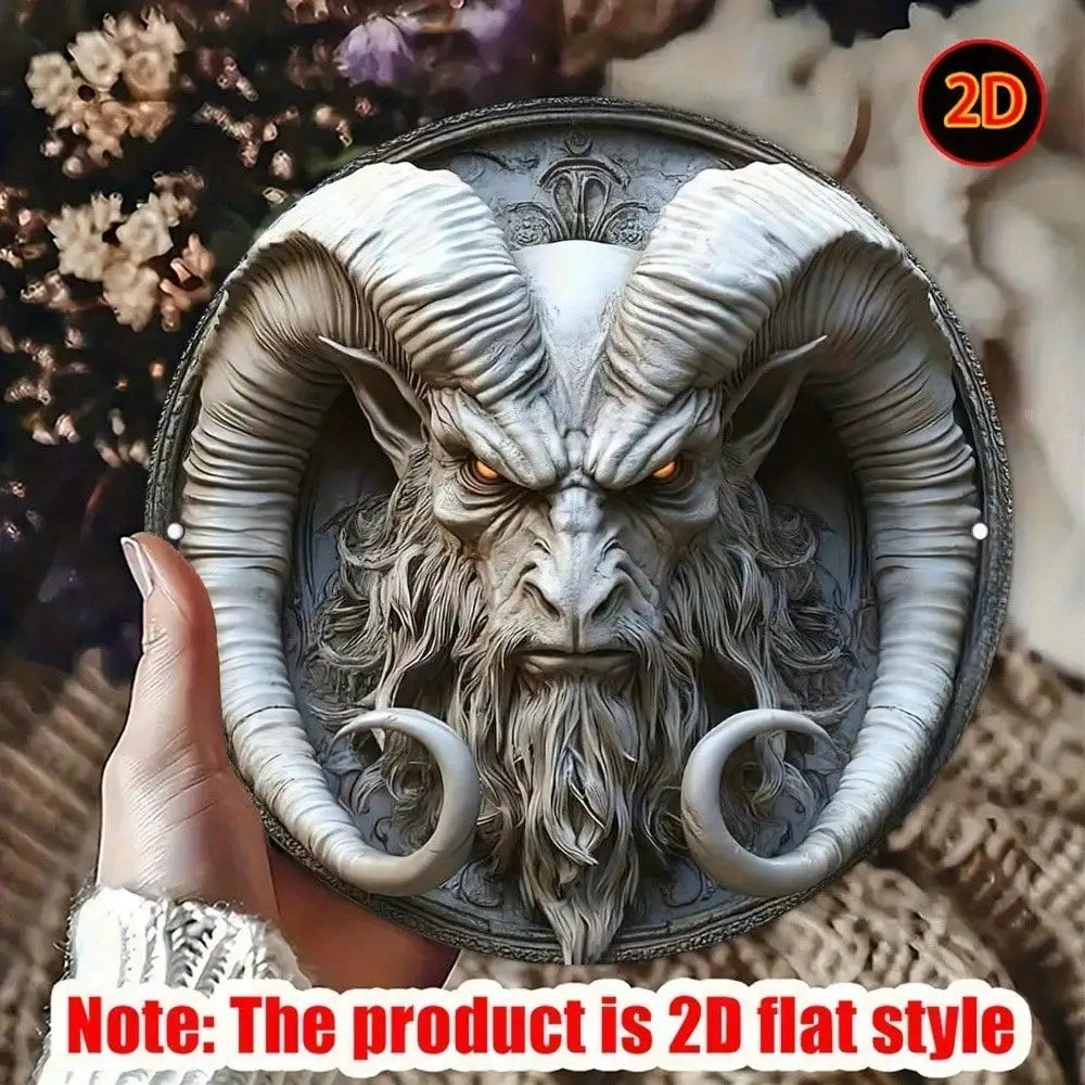 Gothic Goat Head Metal Plaque， Heavy-Duty Aluminum Devil Wall Art with Glaring Eyes & Textured Decor， Gothic Wall Decor Sign