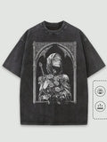 Gothic Architecture Print Washed 100% Cotton Trendy Unisex T-shirt, Summer Outdoor Casual Fashion Loose Street Short Sleeve