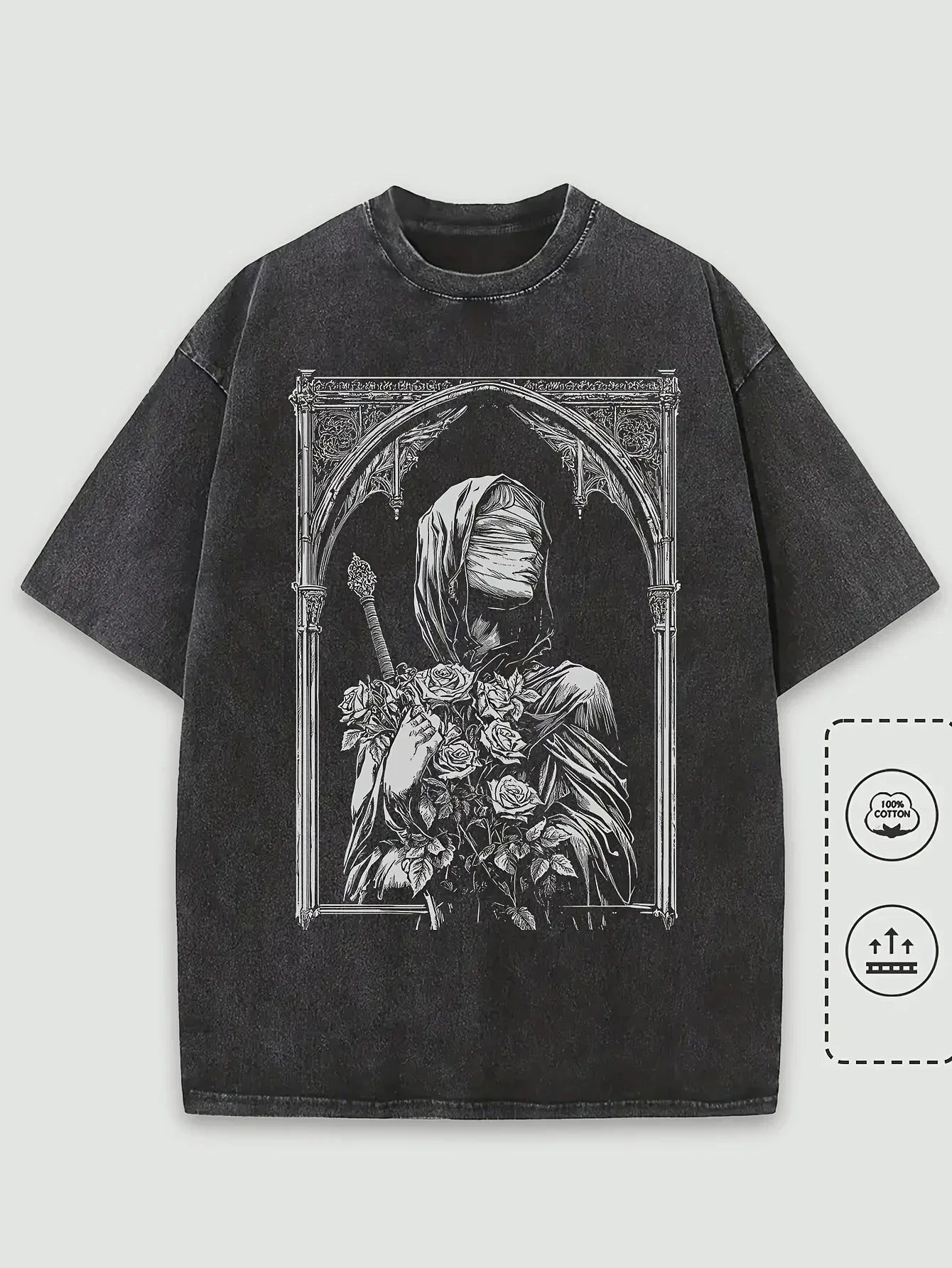 Gothic Architecture Print Washed 100% Cotton Trendy Unisex T-shirt, Summer Outdoor Casual Fashion Loose Street Short Sleeve
