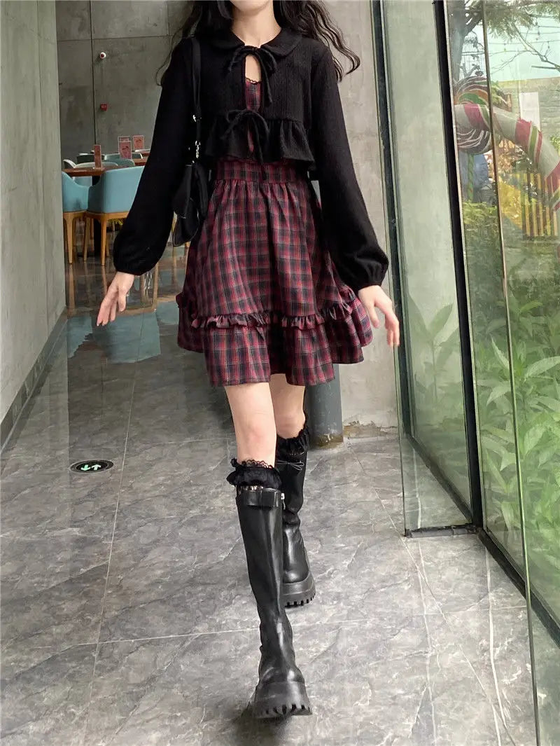 KOSAHIKI Plaid Dress Sets Women Outfits Black Lace Up Long Sleeve Cardigan Teen Girls Ruffles Sweet High Waist Sleeveless Dresse