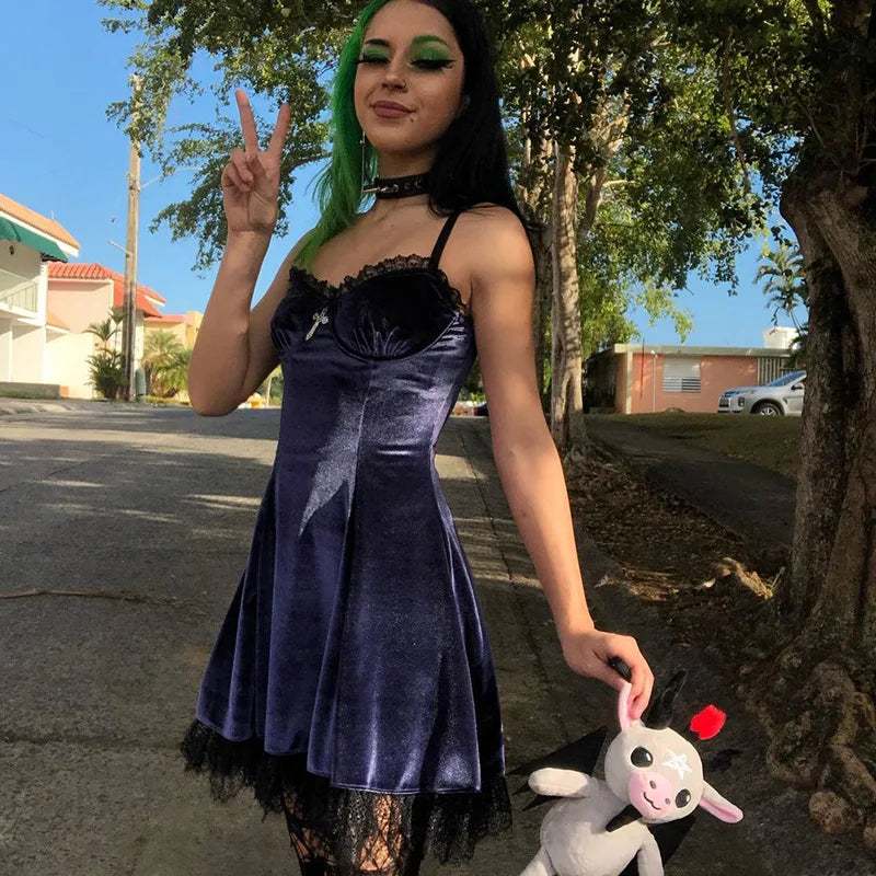 Goth Cross Sexy Purple Dress Vintage Velvet A Line Lolita Dress Aesthetic Gothic High Waist Ladies Club Party Dresses