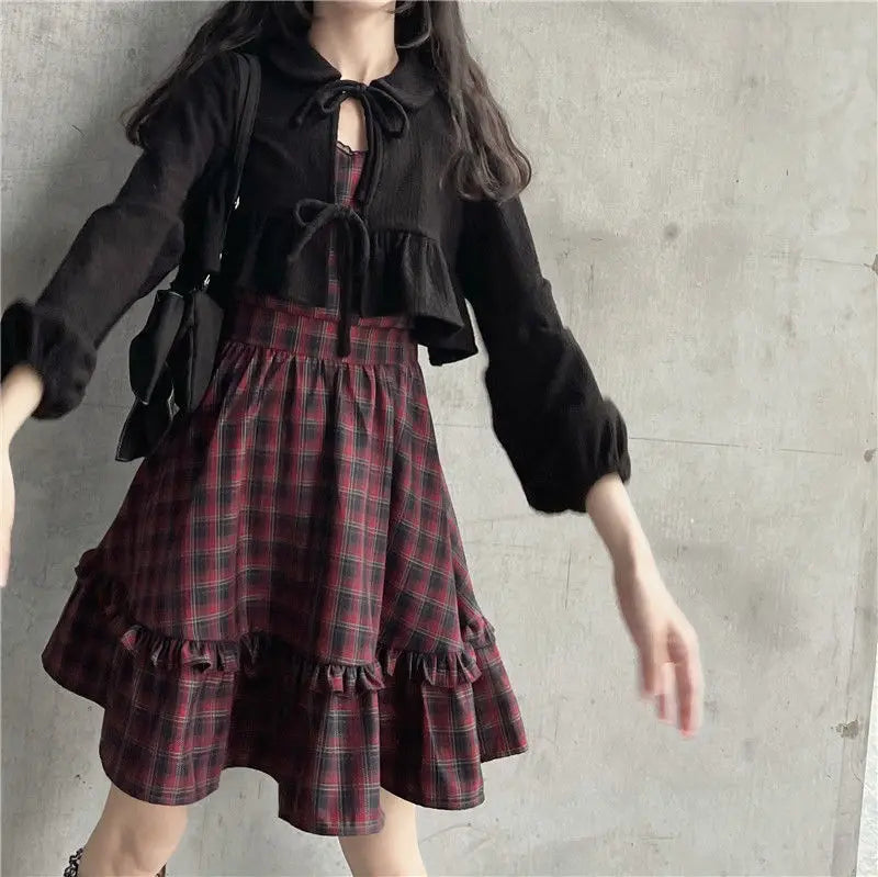 KOSAHIKI Plaid Dress Sets Women Outfits Black Lace Up Long Sleeve Cardigan Teen Girls Ruffles Sweet High Waist Sleeveless Dresse