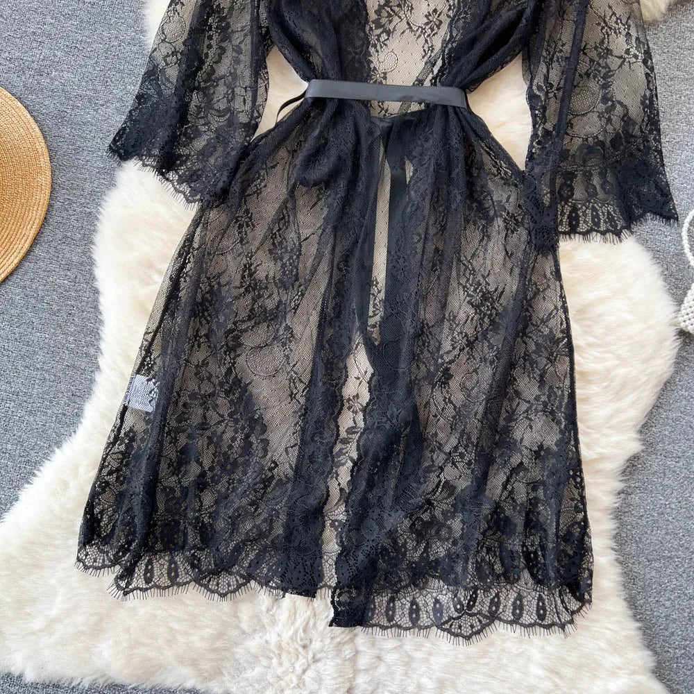 SINGREINY Mesh Lace Sxy Cardigan Pajamas Women Thin V Neck Transparent Black Lace-Up Design Fashion Loose Long Shawl Cardigan