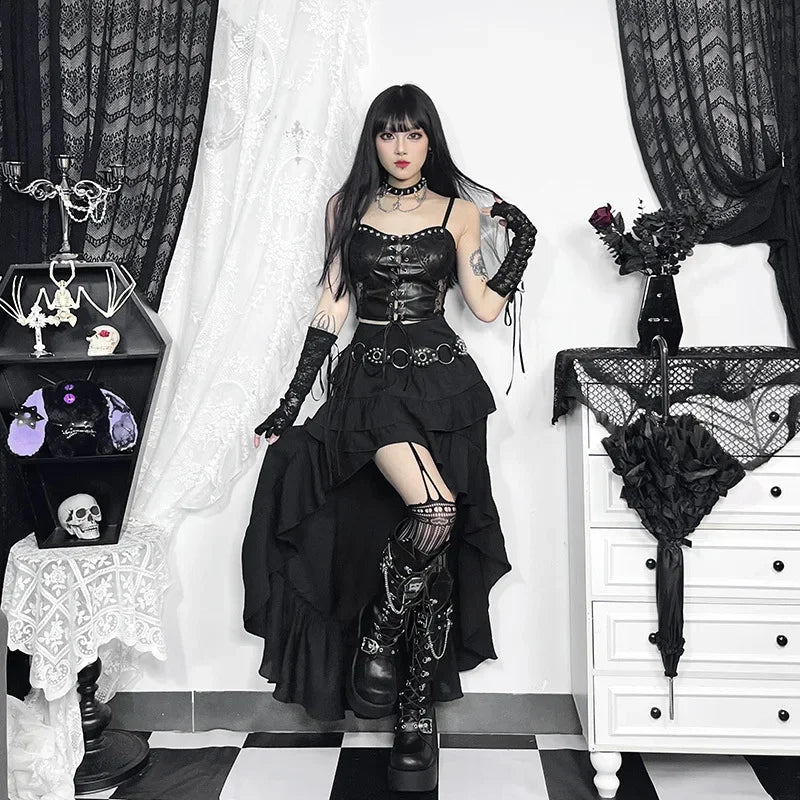 Goth Dark Kawaii Black Tiered Skirts 90S Retro Irregular Hem Party Bottoms Mall Gothic Women Fashion Dragging Skirt Alt Clothing