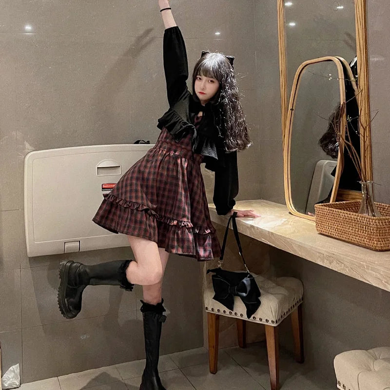 KOSAHIKI Plaid Dress Sets Women Outfits Black Lace Up Long Sleeve Cardigan Teen Girls Ruffles Sweet High Waist Sleeveless Dresse